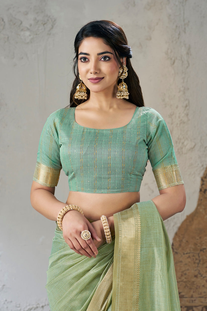 Sage Green Linen Cotton Zari Border Saree