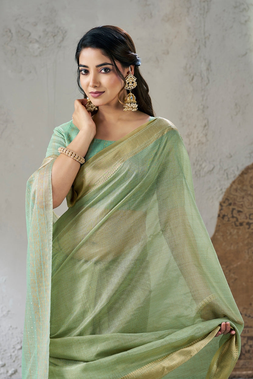 Sage Green Linen Cotton Zari Border Saree
