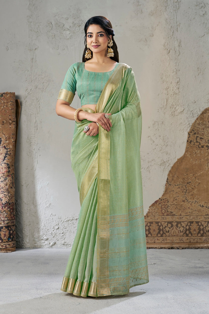 Sage Green Linen Cotton Zari Border Saree