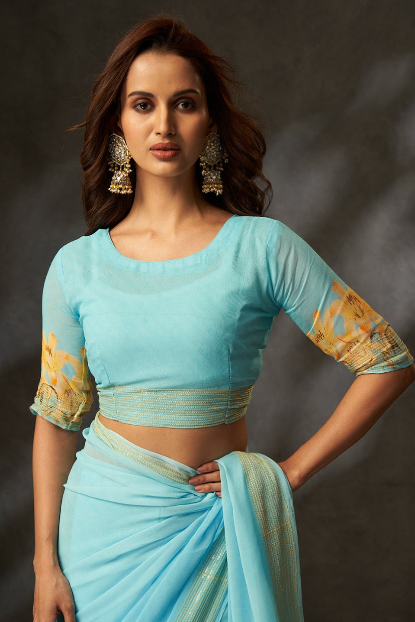 Sky Blue Digital Printed Georgette Saree