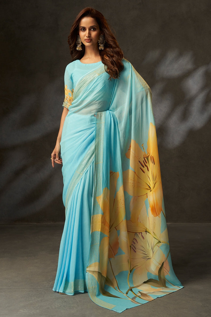 Sky Blue Digital Printed Georgette Saree