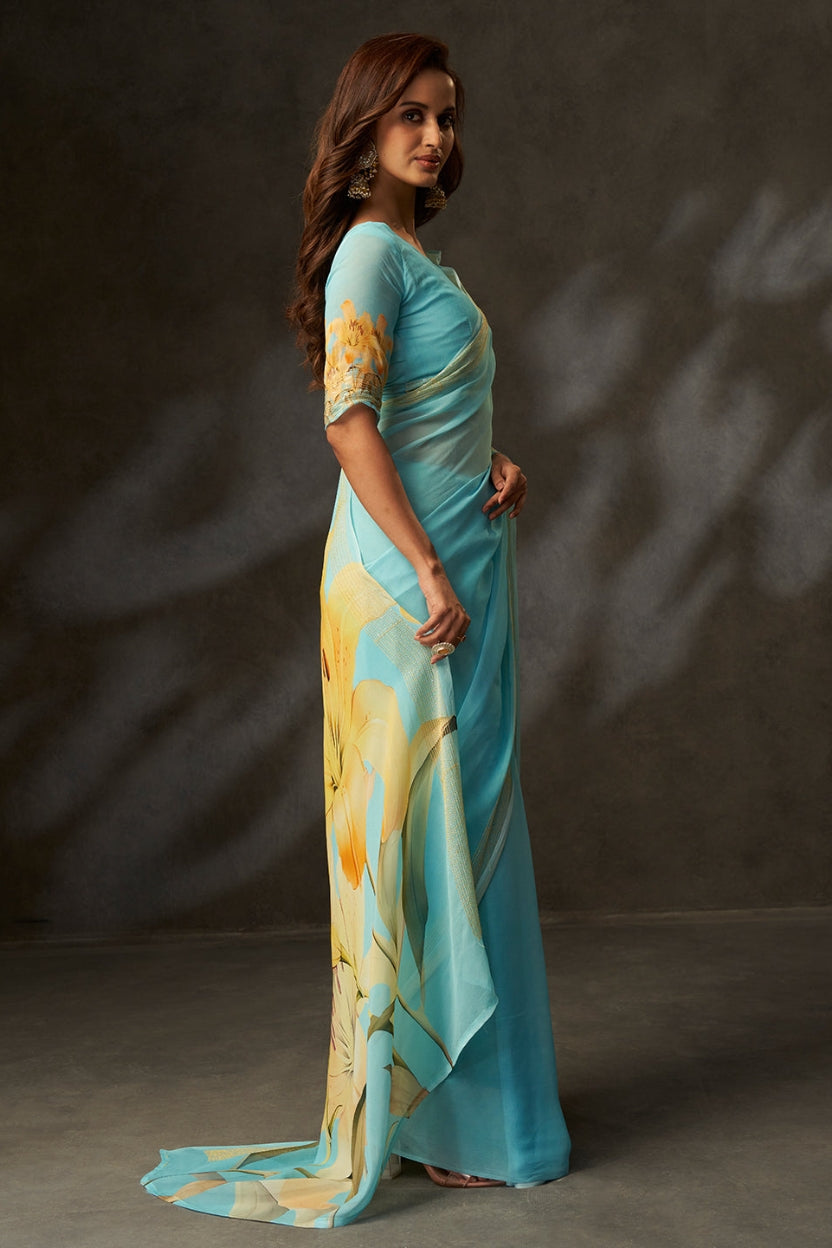 Sky Blue Digital Printed Georgette Saree