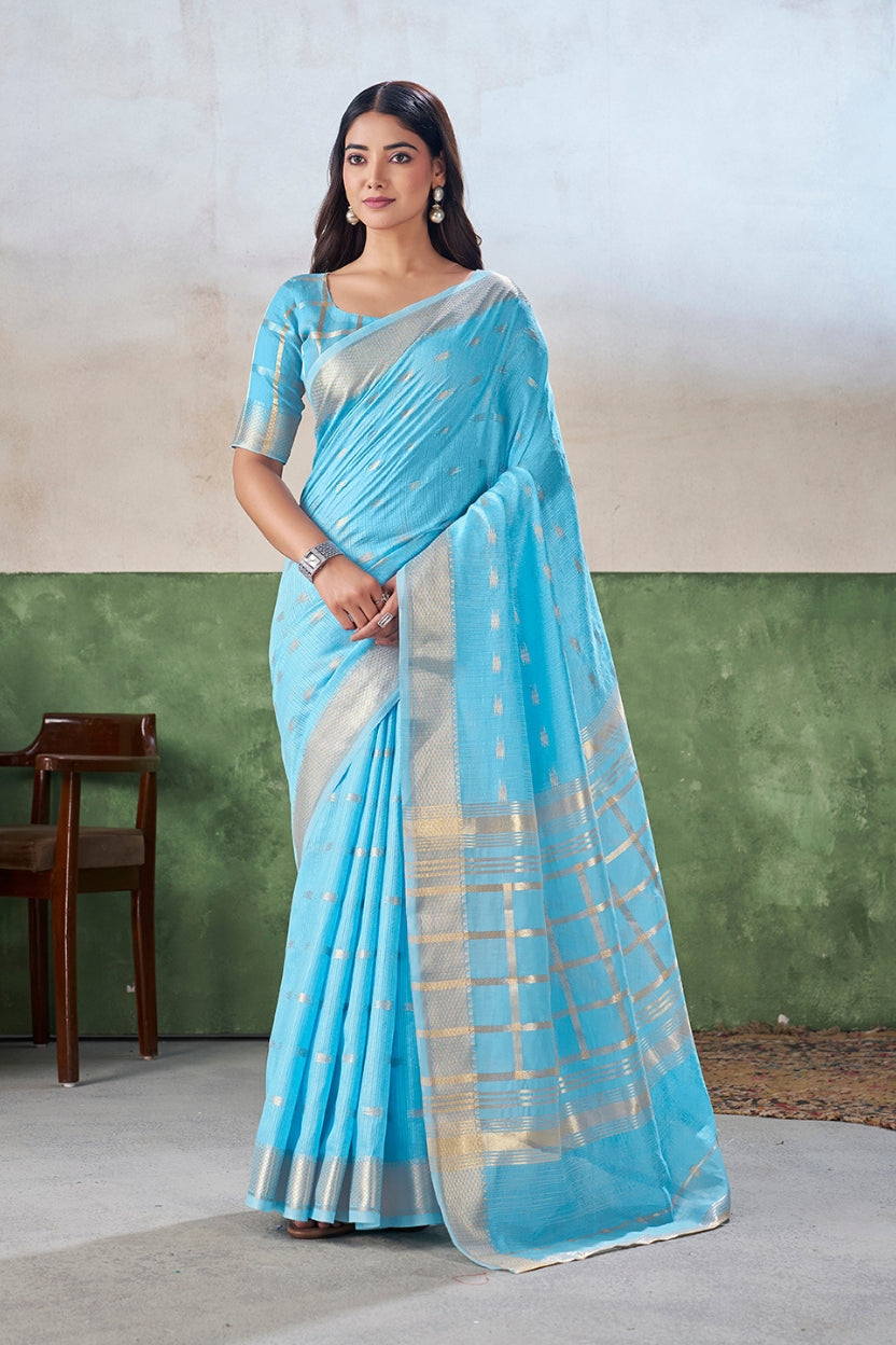 Sky Blue Linen Cotton Saree