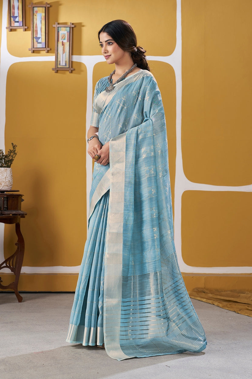 Sky Blue Linen Cotton Saree