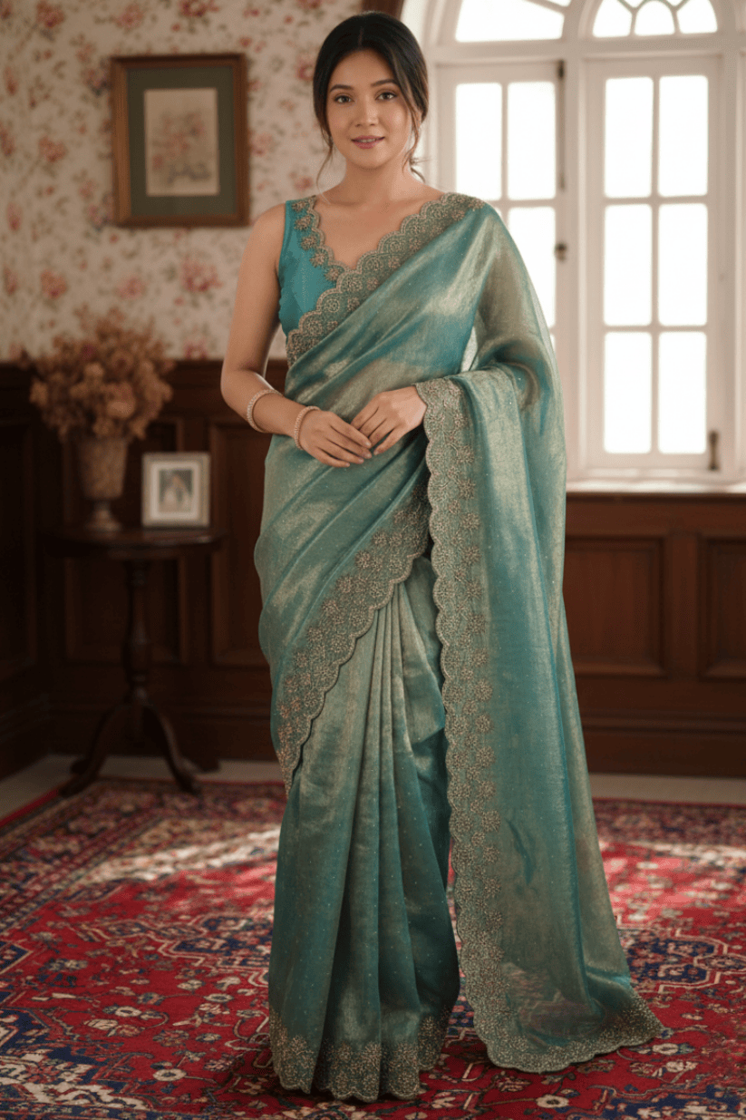 Sky Blue Soft Silk Swarovski Embroidery Saree