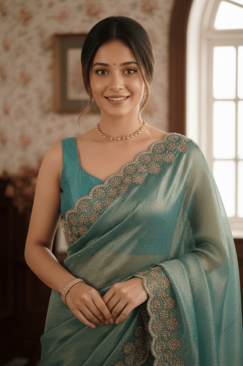 Sky Blue Soft Silk Swarovski Embroidery Saree