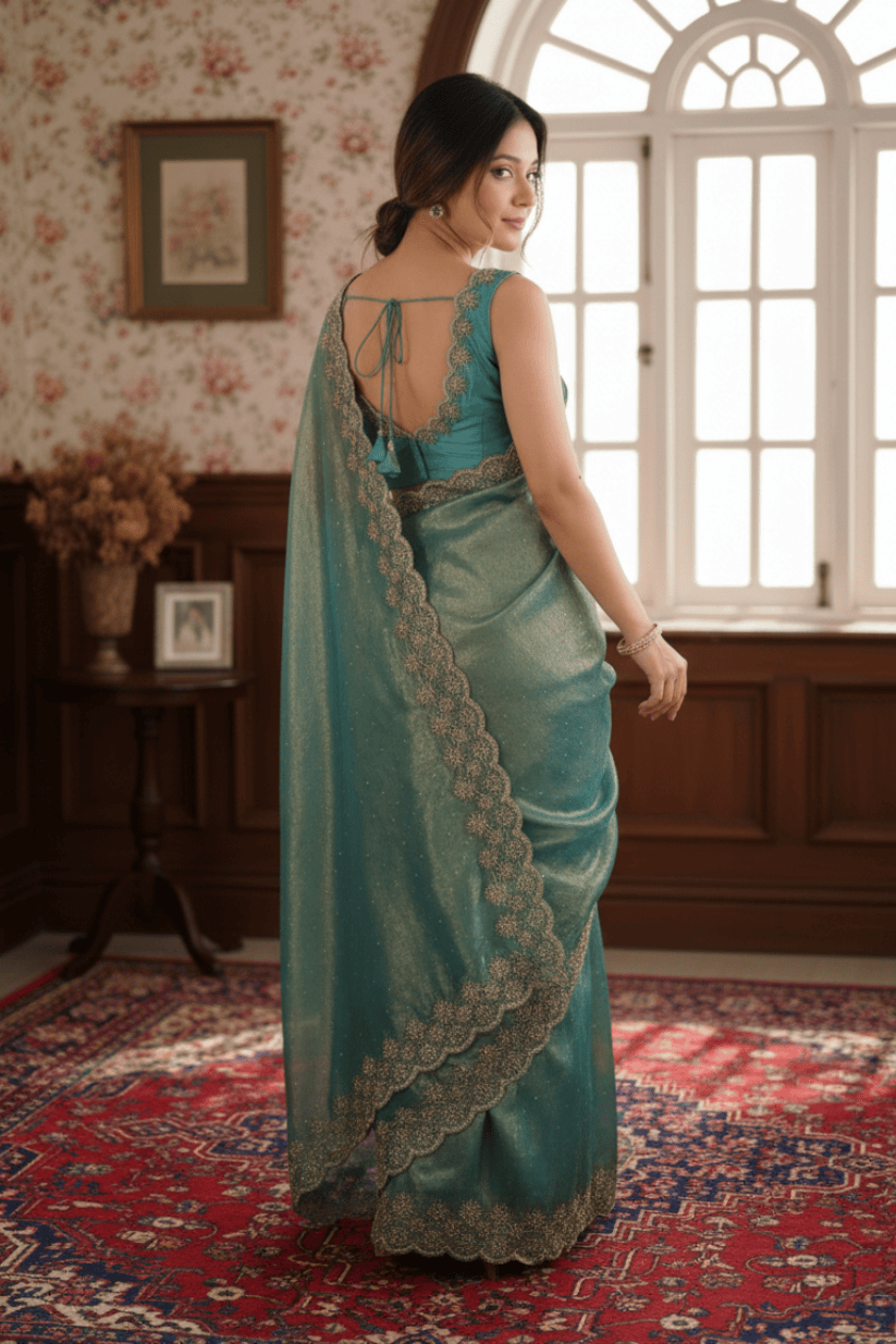 Sky Blue Soft Silk Swarovski Embroidery Saree