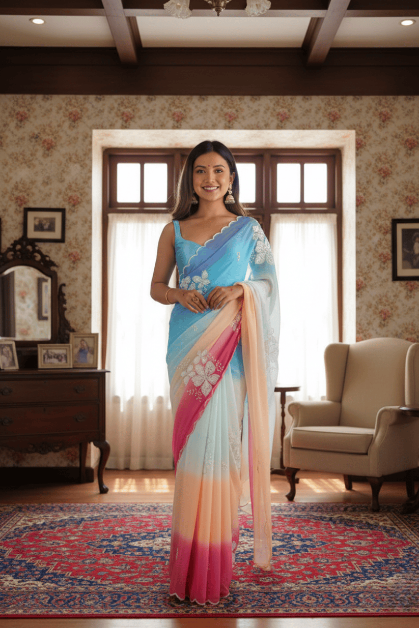 Sky Blue Embroidery Work Georgette Saree