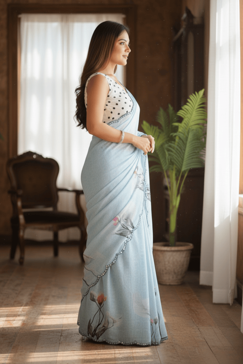 Sky Blue Printed Georgette Saree