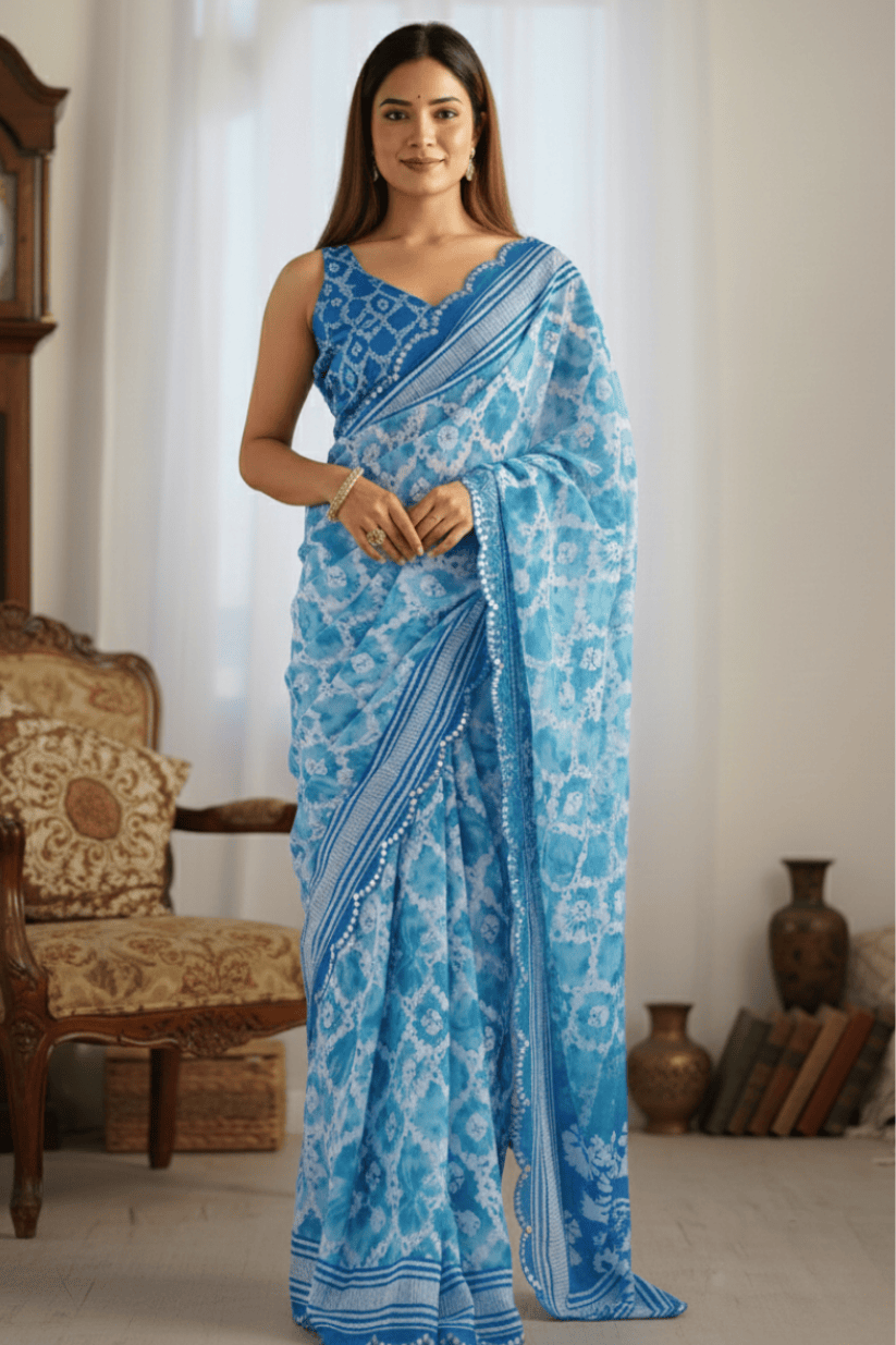Sky Blue Printed Georgette Saree