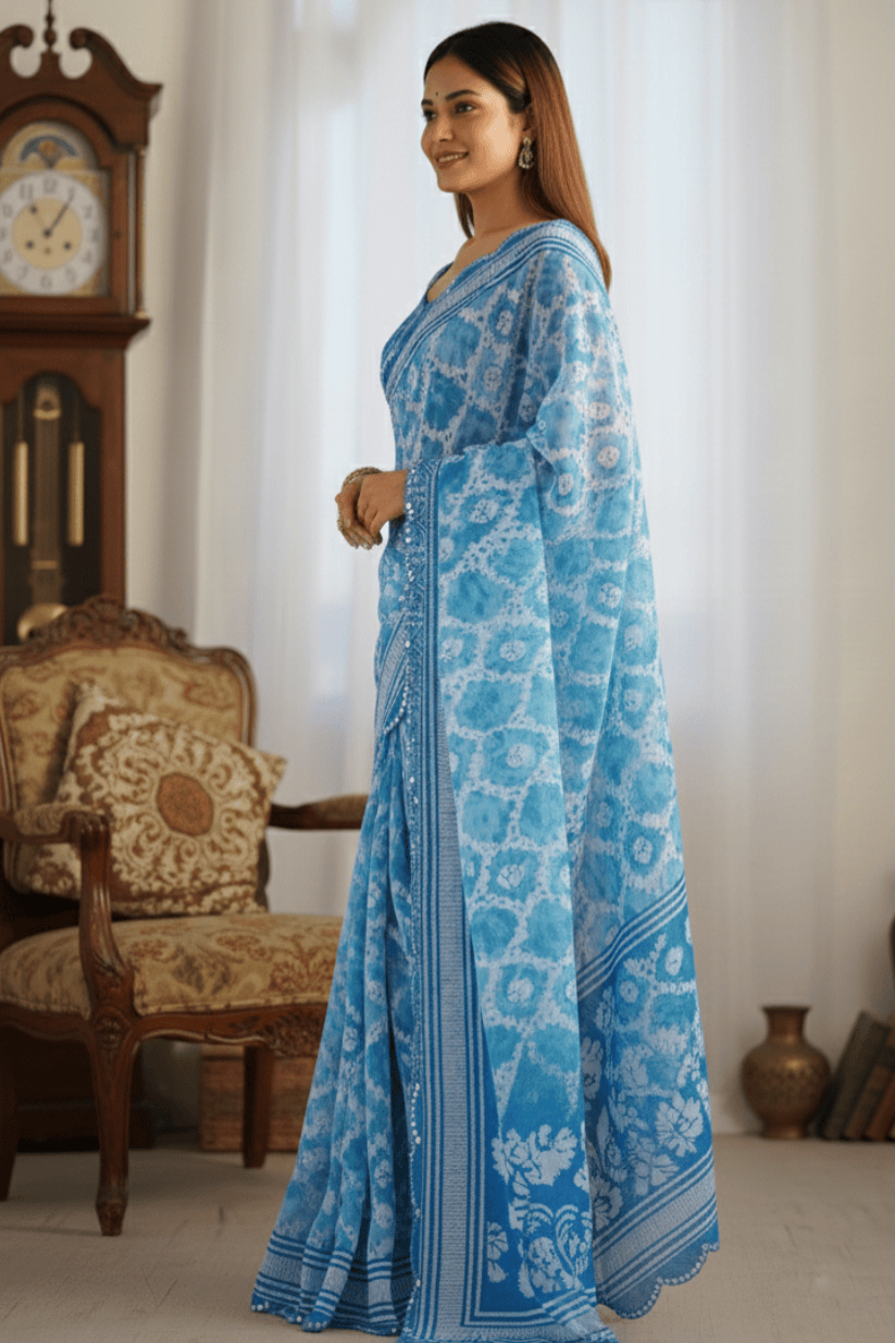 Sky Blue Printed Georgette Saree