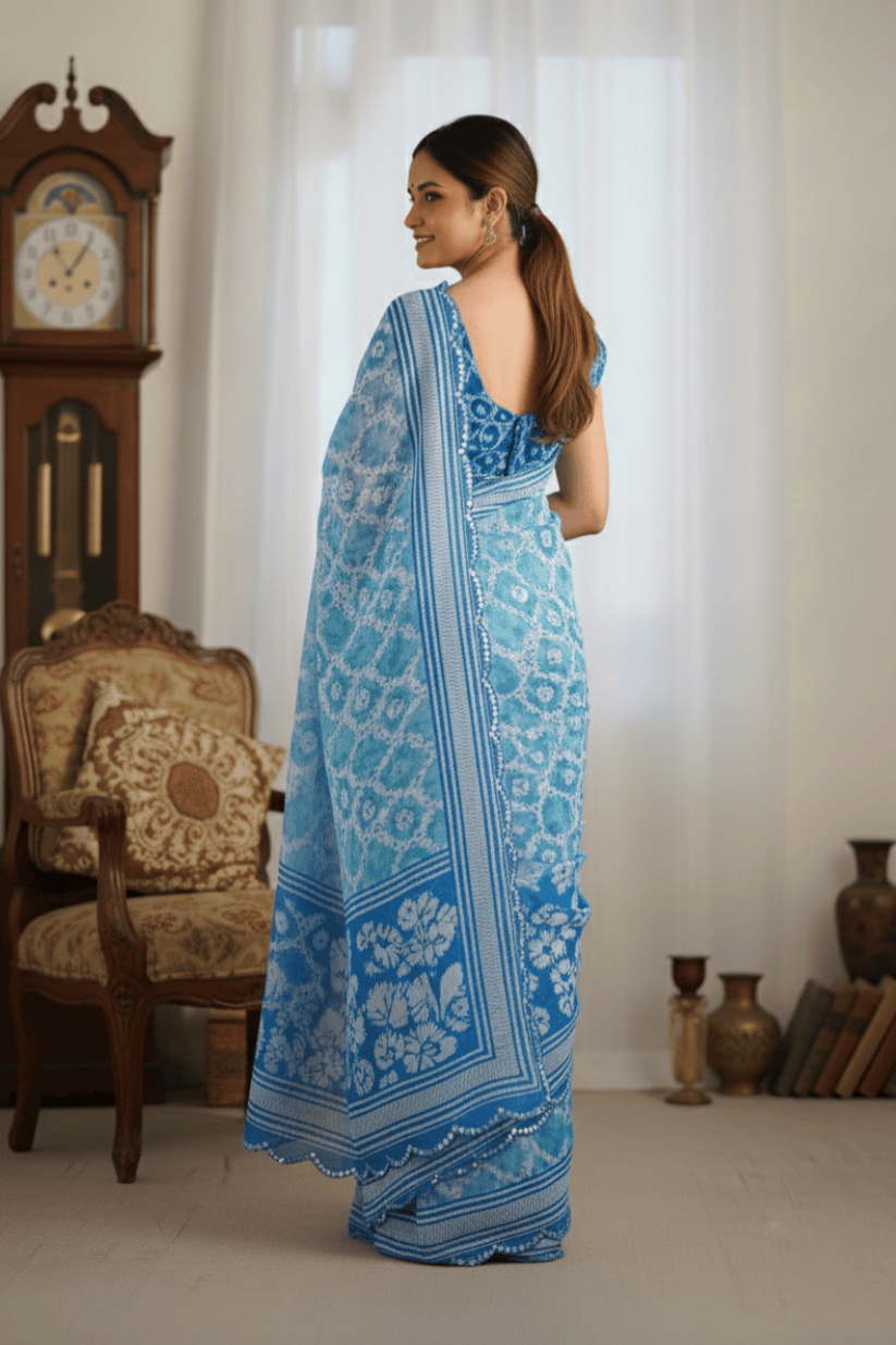 Sky Blue Printed Georgette Saree
