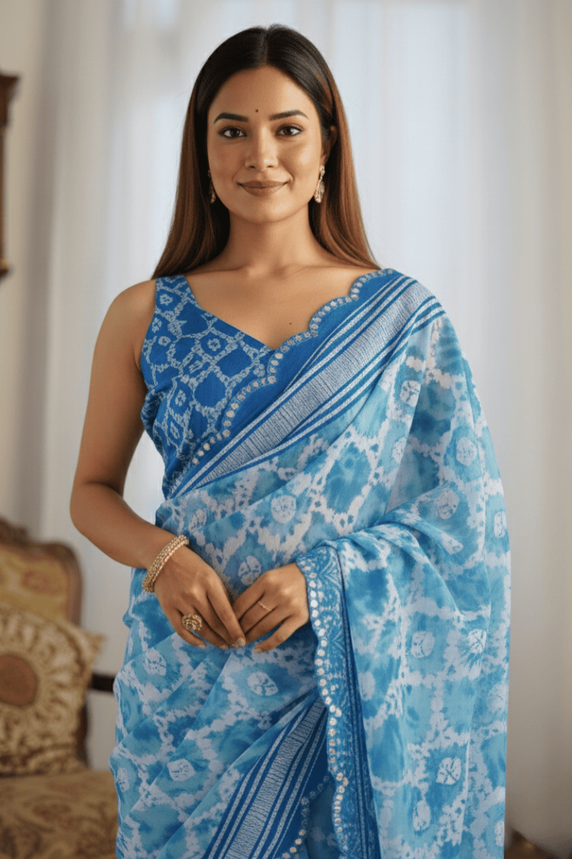 Sky Blue Printed Georgette Saree