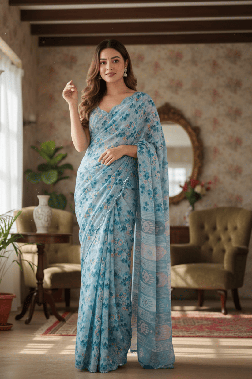 Sky Blue Printed Georgette Saree