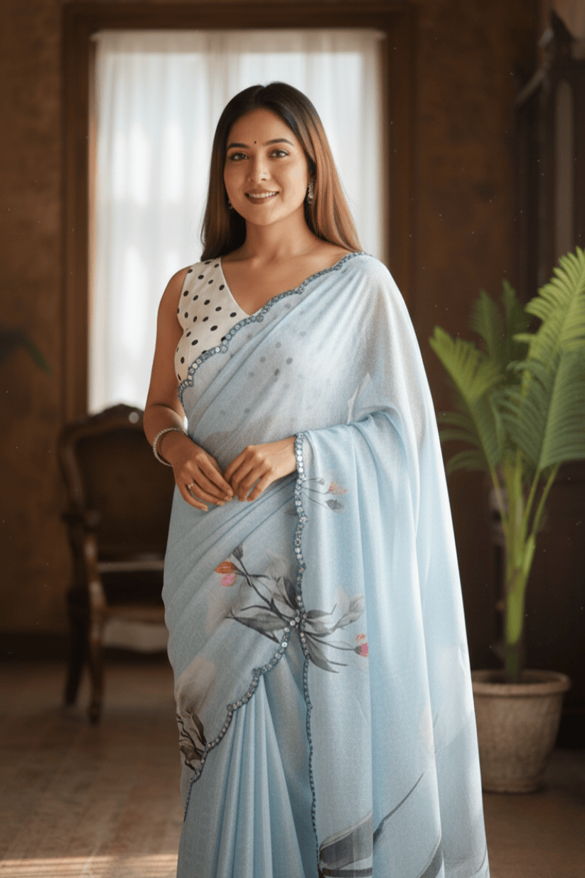 Sky Blue Printed Georgette Saree