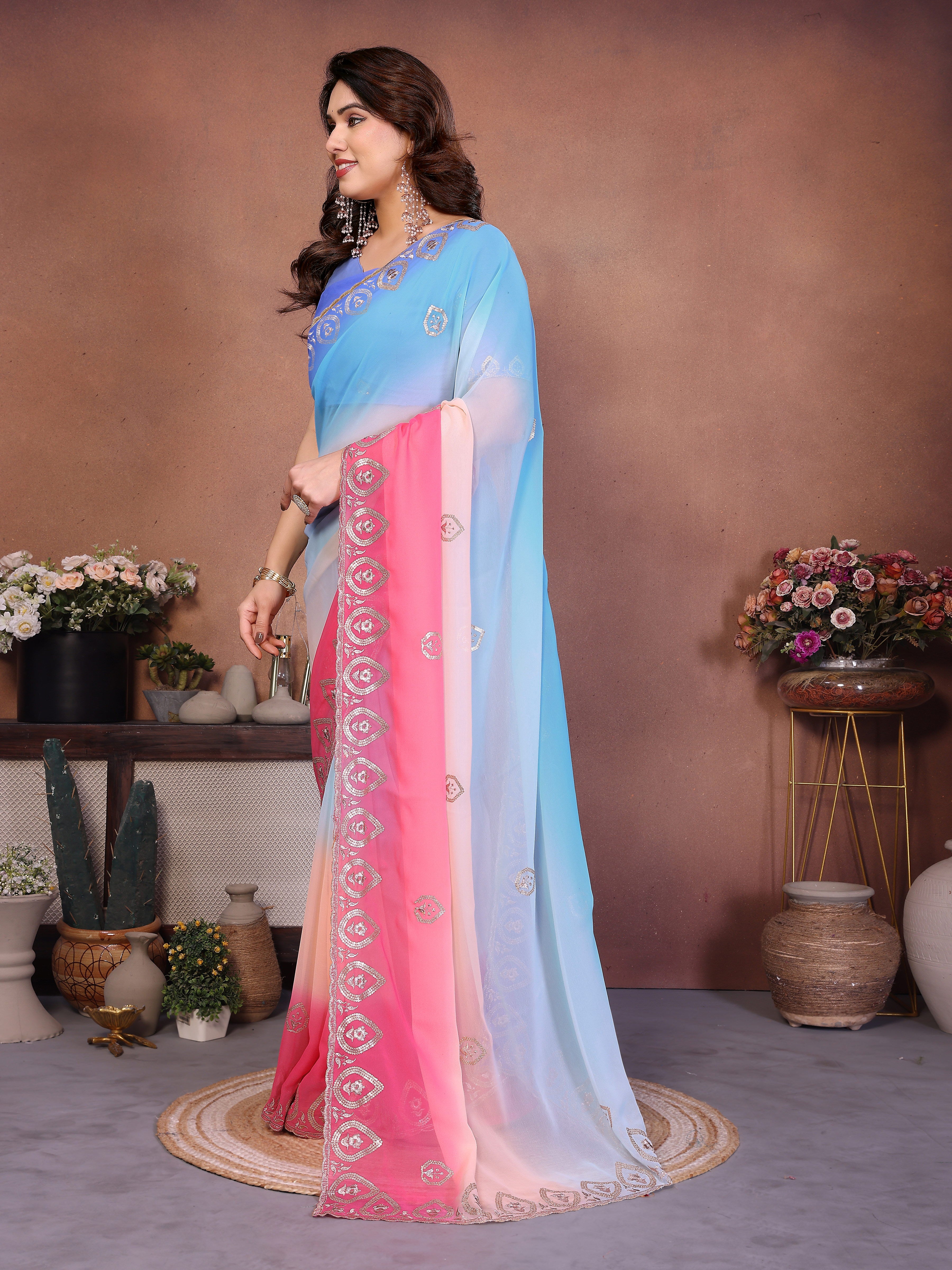 Sky Georgette Embroidered Saree