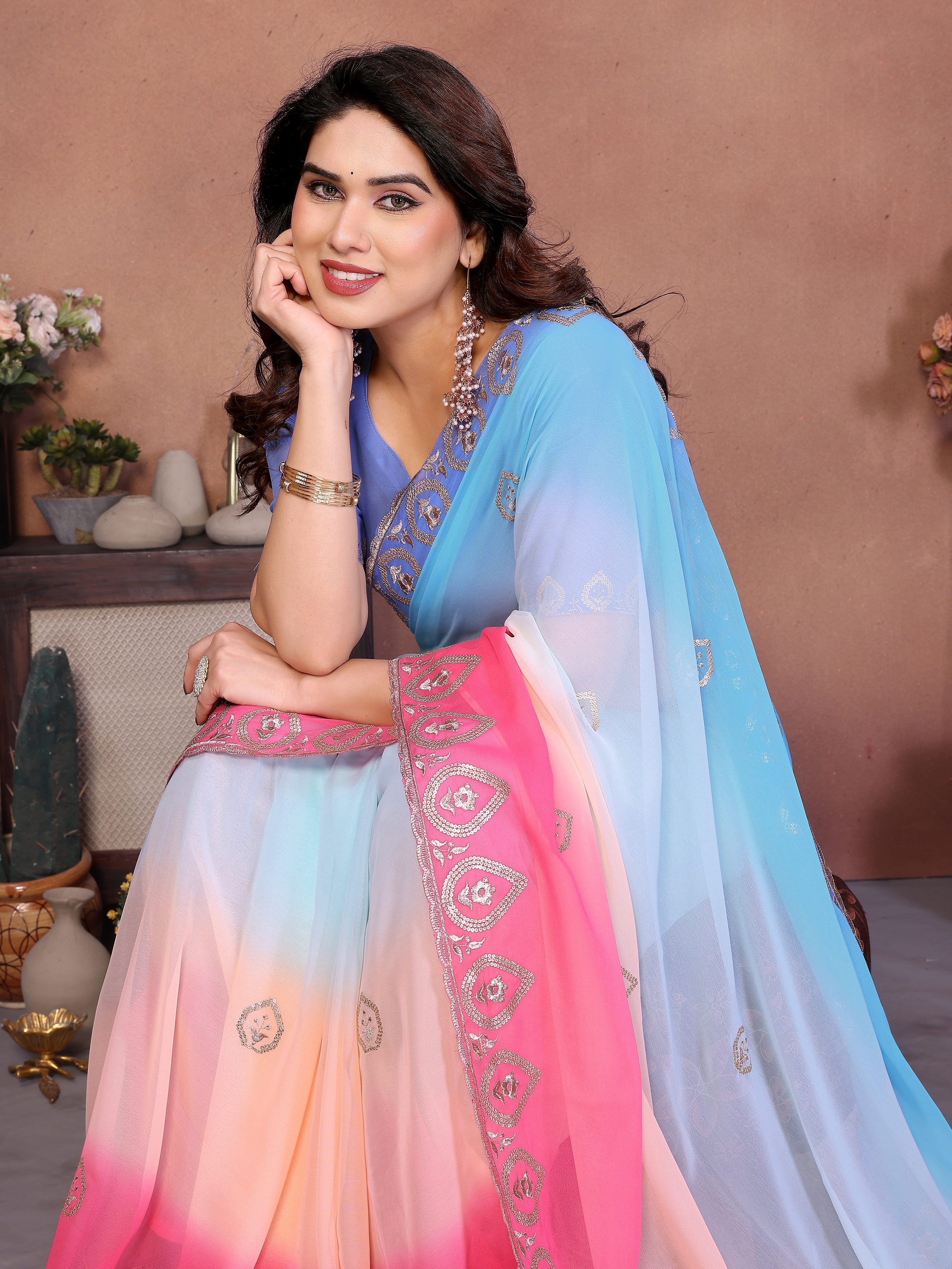 Sky Georgette Embroidered Saree