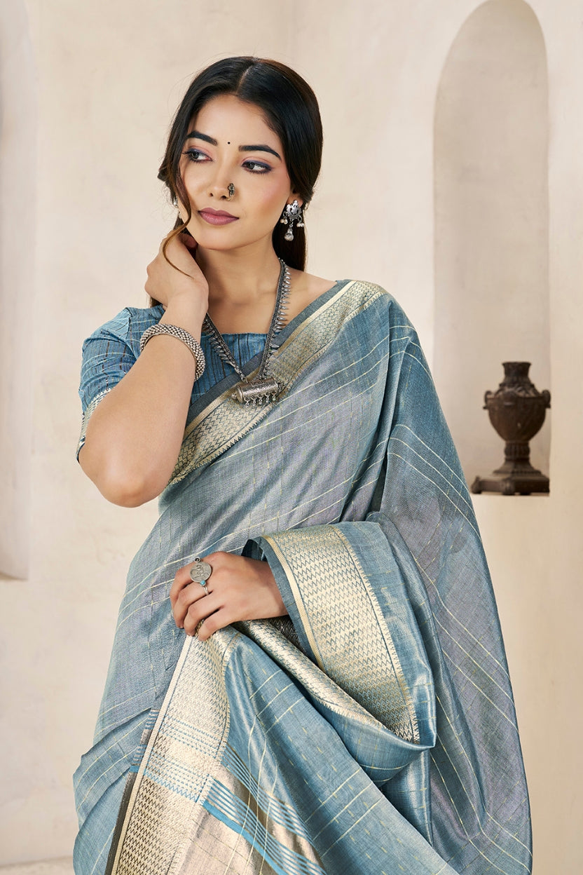 Slate Blue Linen Cotton Saree
