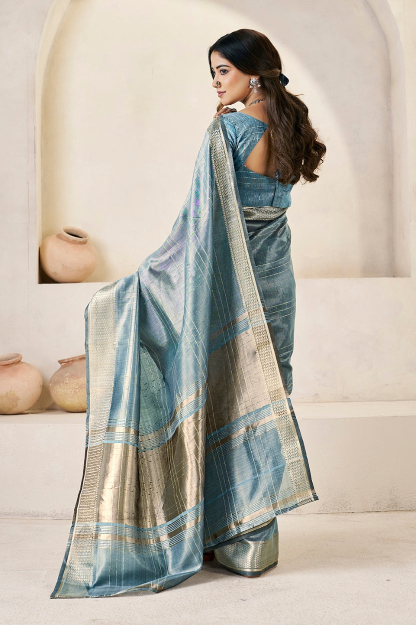 Slate Blue Linen Cotton Saree