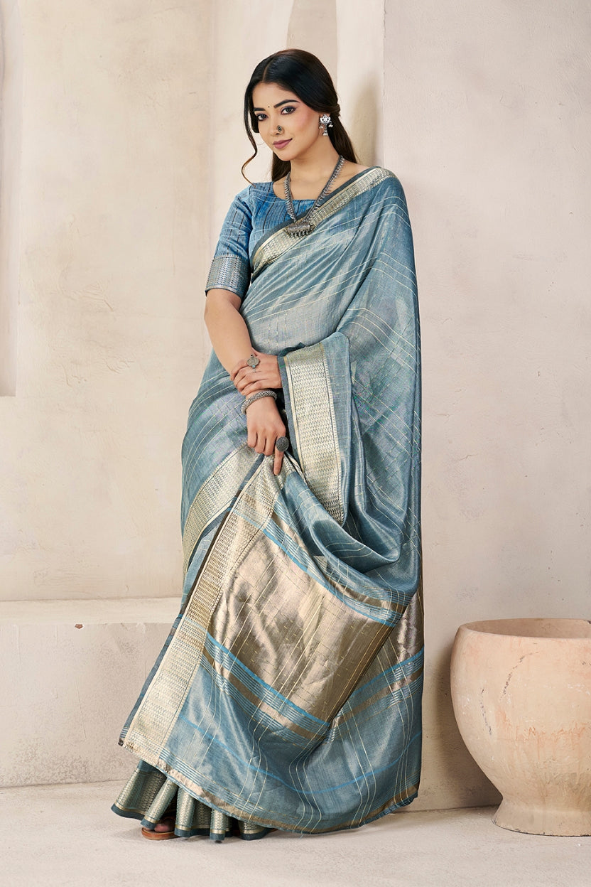 Slate Blue Linen Cotton Saree