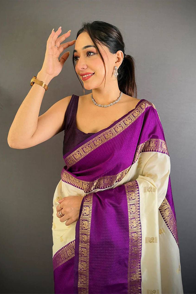Cream Woven Kanjivaram Silk Saree