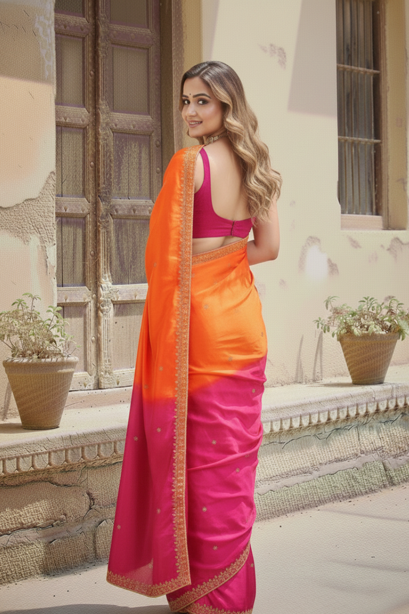 Orange Embroidered Chinnon Silk Saree