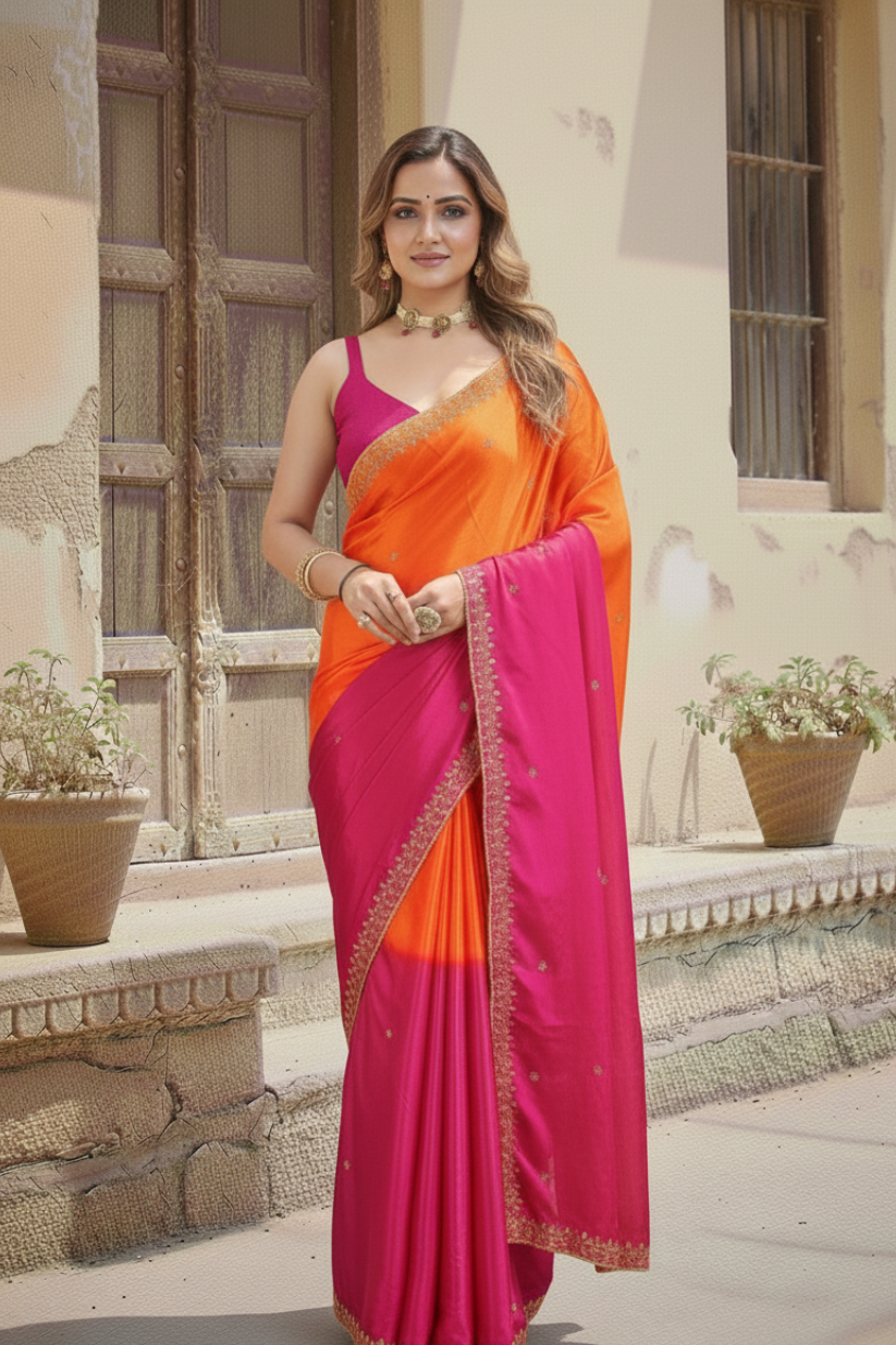 Orange Embroidered Chinnon Silk Saree