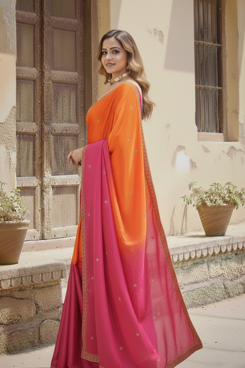 Orange Embroidered Chinnon Silk Saree