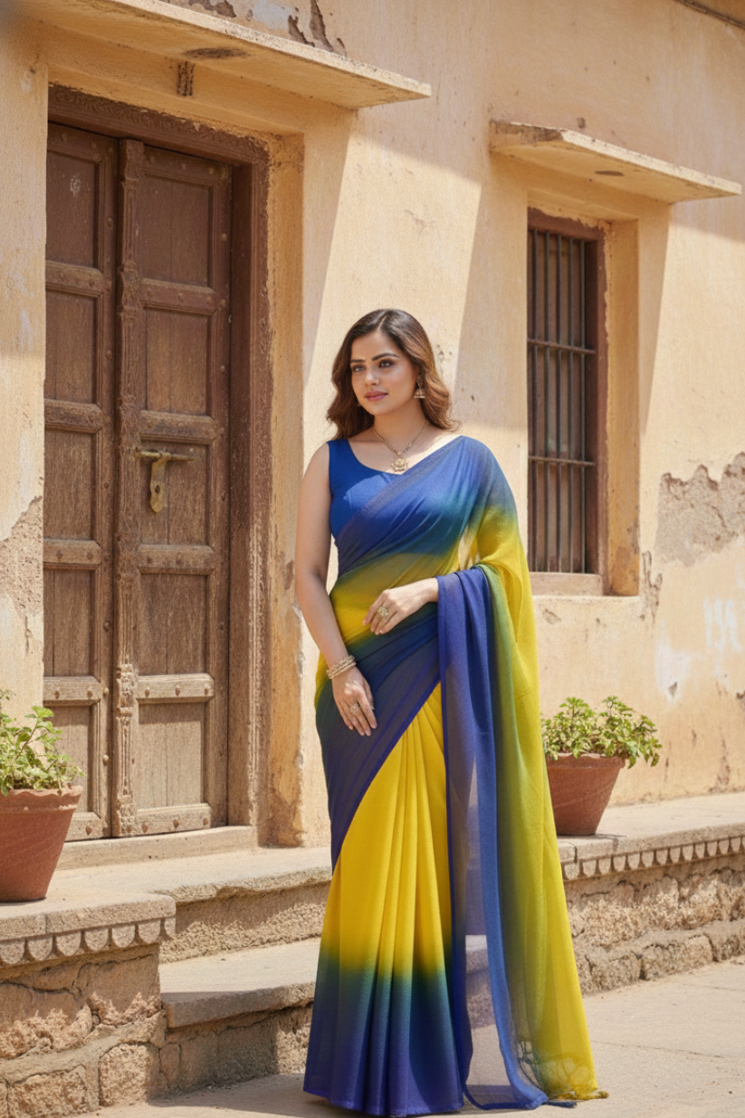 Blue And Yellow Flowing drape Georgette Saree