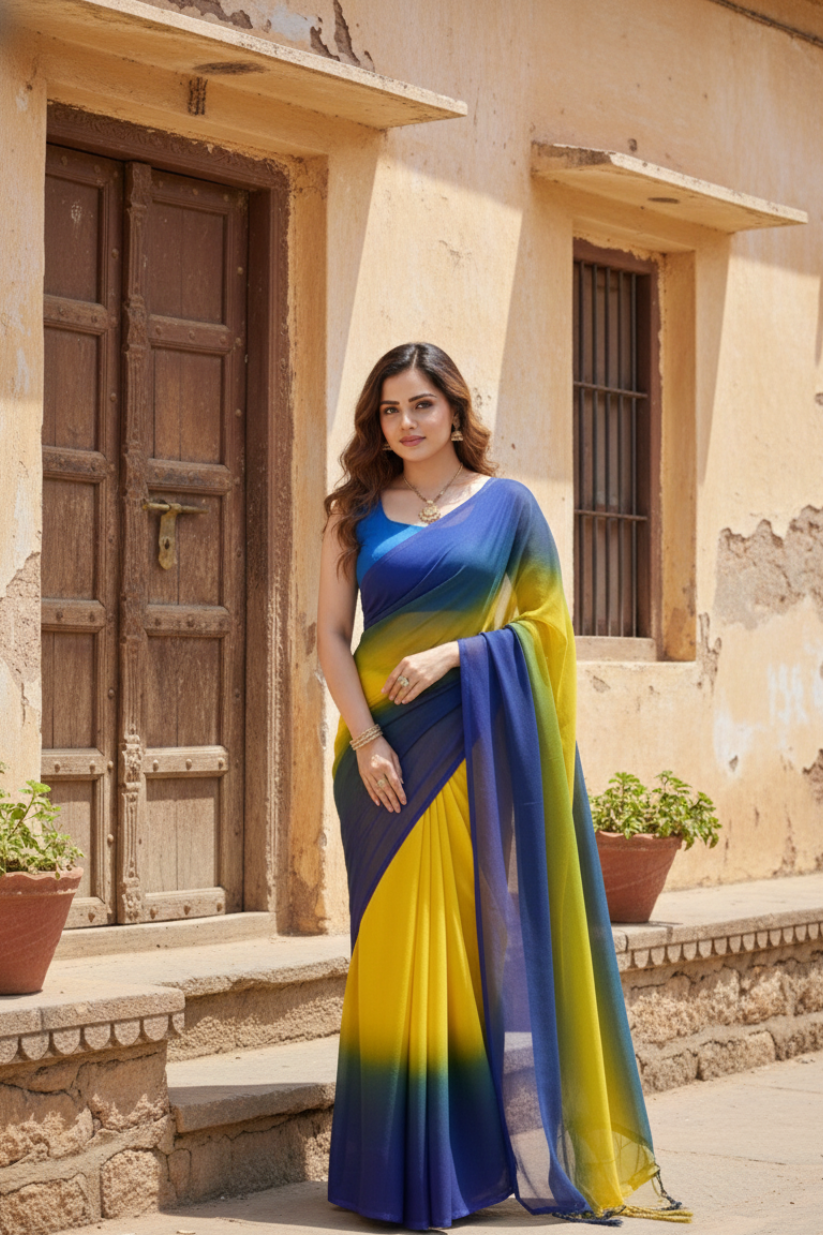 Blue And Yellow Flowing drape Georgette Saree