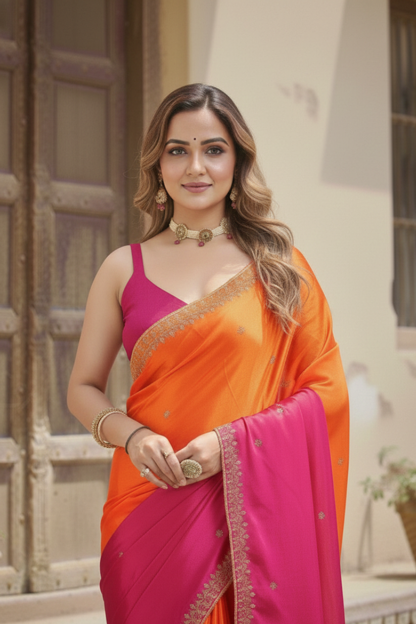 Orange Embroidered Chinnon Silk Saree