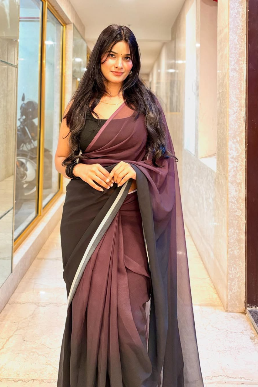 Black and Purple Ready To Wear Plain Georgette Saree