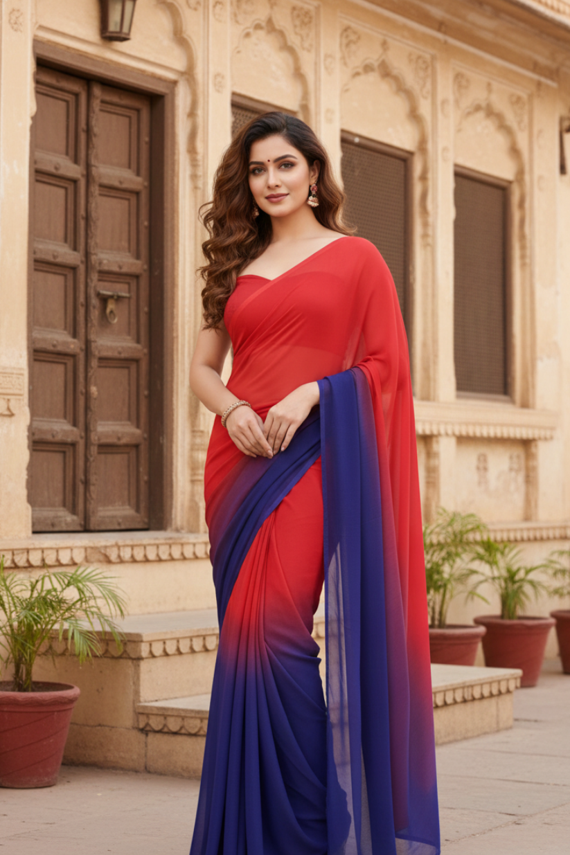 Ready To Wear Two Toned Plain Georgette Saree