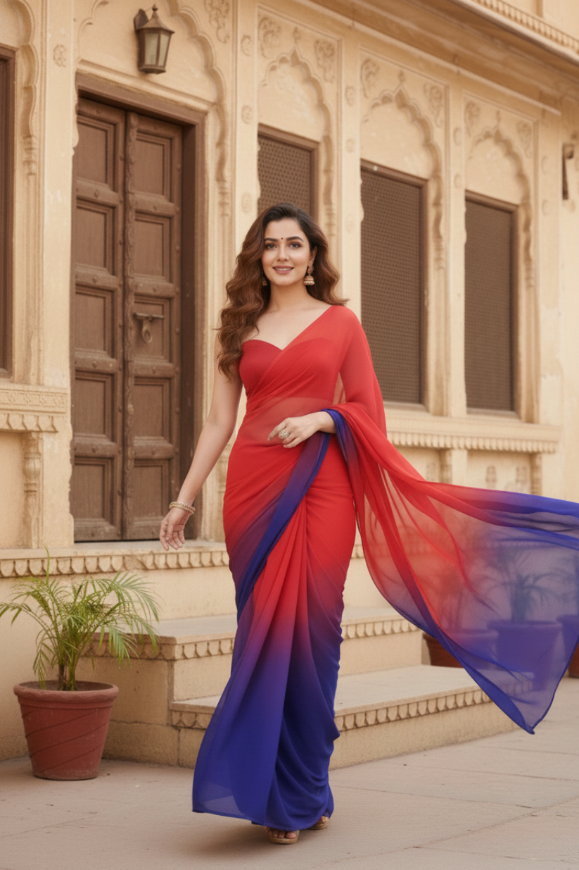 Ready To Wear Two Toned Plain Georgette Saree
