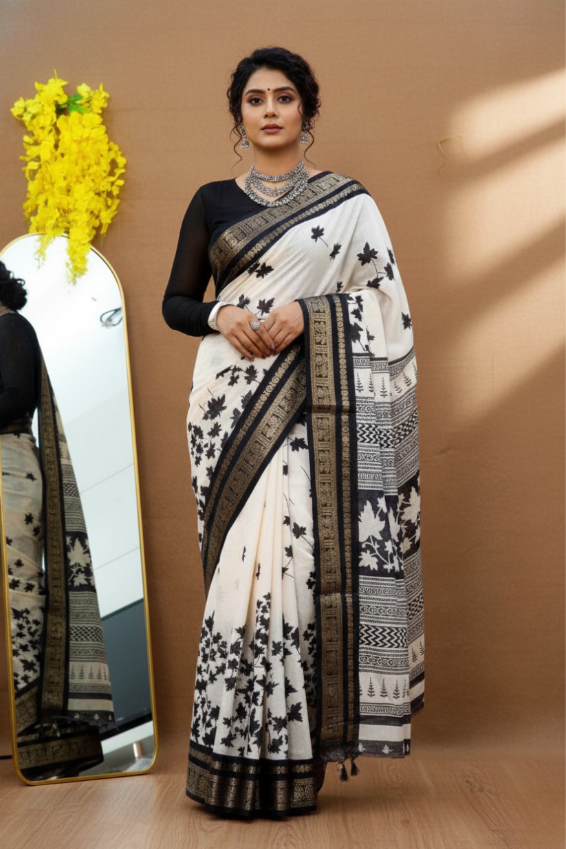 White Printed Cotton Silk Blend Saree