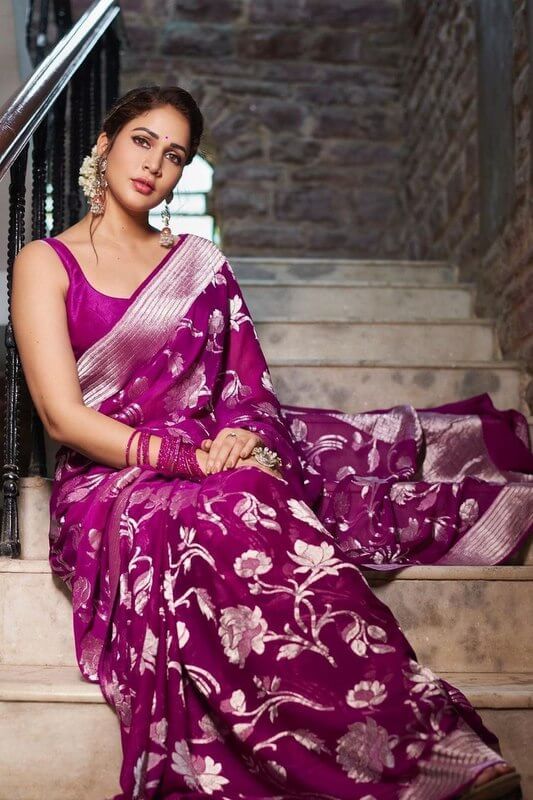 Purple Floral Silk Blend Saree