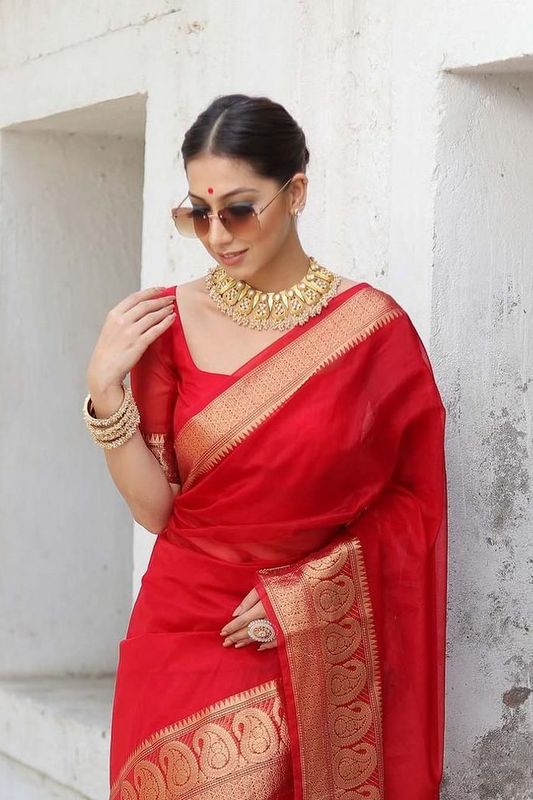 Red Woven Organza Kanjivaram Saree