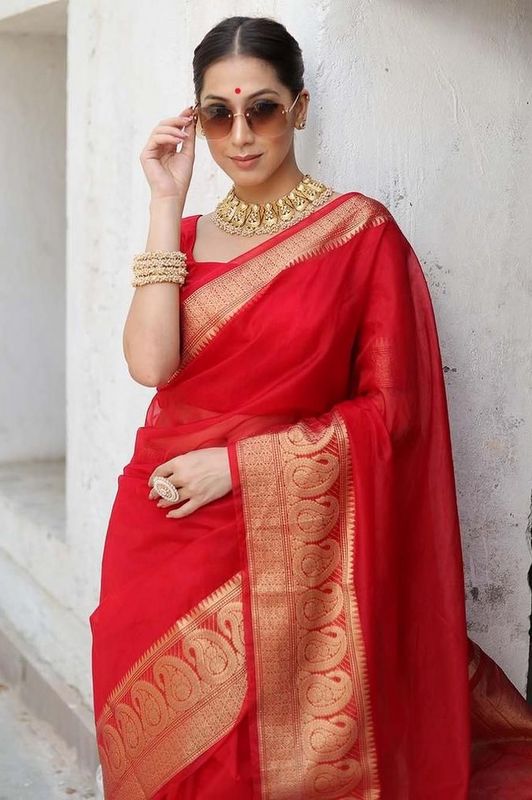 Red Woven Organza Kanjivaram Saree