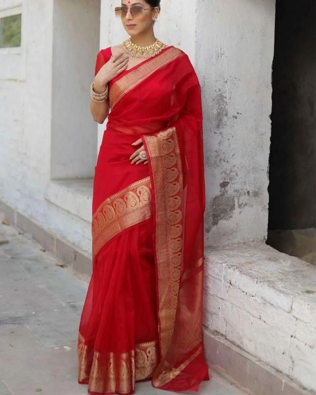 Red Woven Organza Kanjivaram Saree