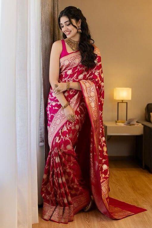 Rani Pink Woven Kanjivaram Silk Saree