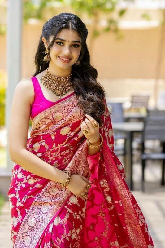 Rani Pink Woven Kanjivaram Silk Saree