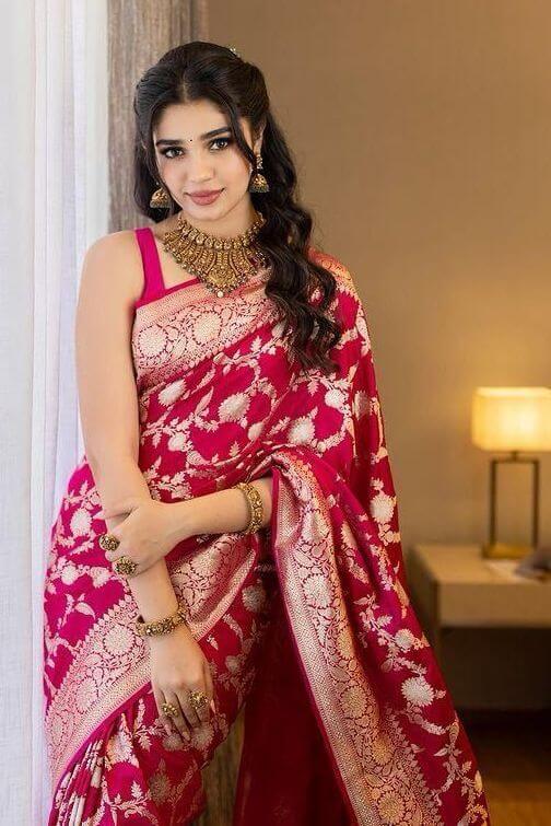 Rani Pink Woven Kanjivaram Silk Saree