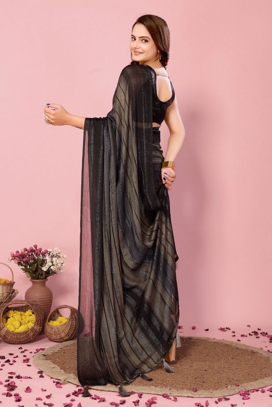 Black Ready To Wear Shimmer Nylon Silk Saree