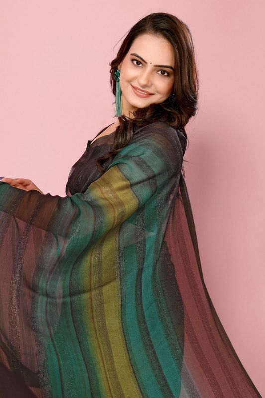 Green Ready To Wear Shimmer Nylon Silk Saree