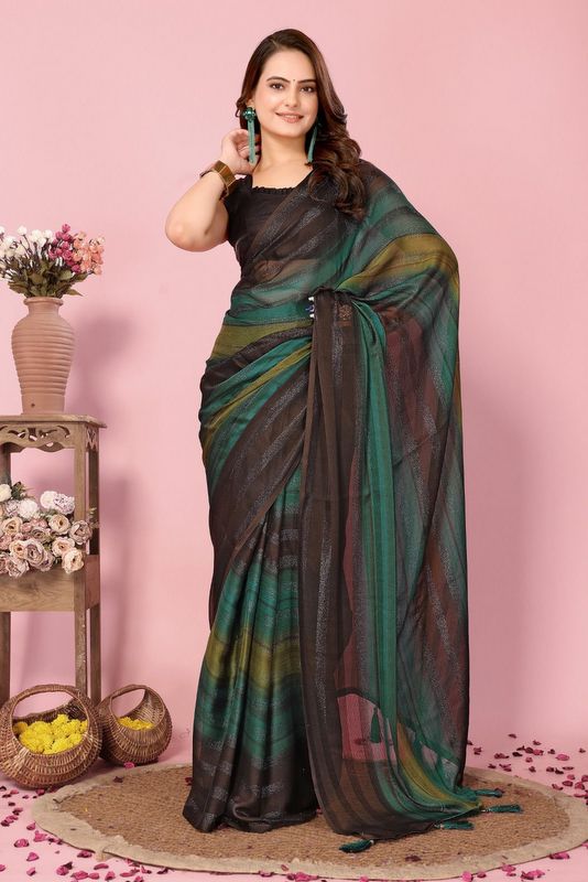 Green Ready To Wear Shimmer Nylon Silk Saree