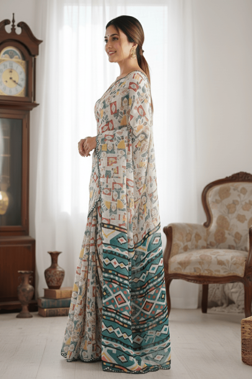 White Printed Georgette Saree