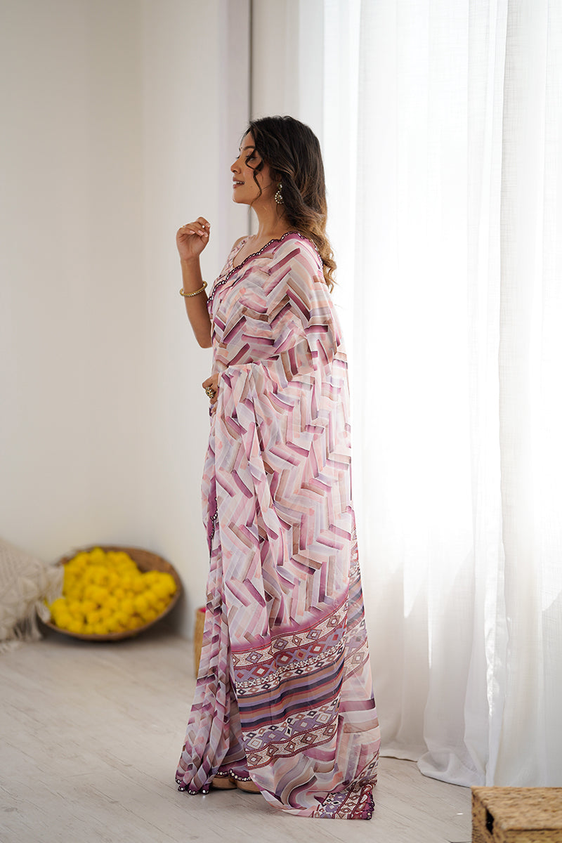 White Printed Mirror Work Georgette Saree