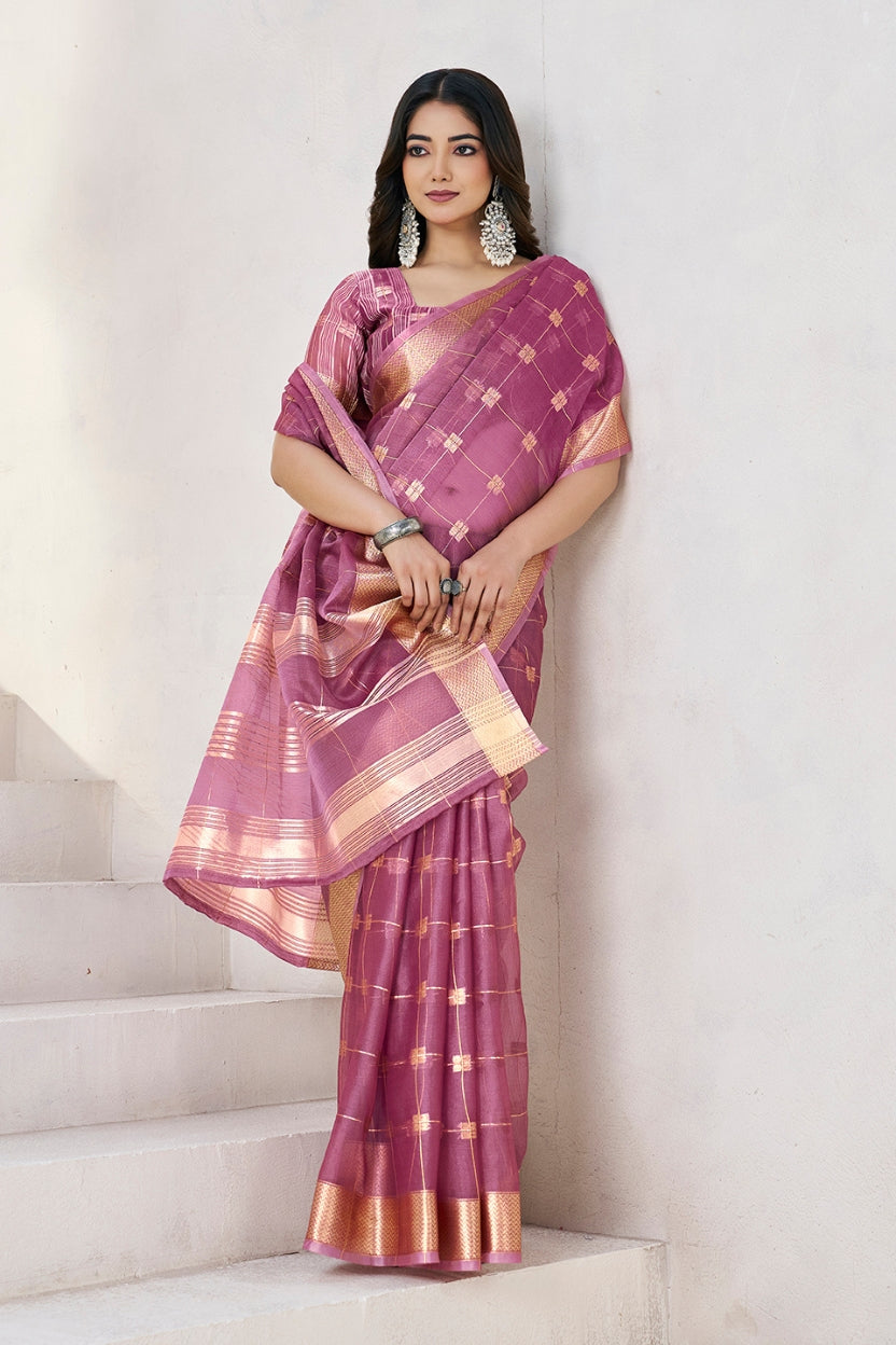Wine Linen Cotton Zari Silk Weaving Saree