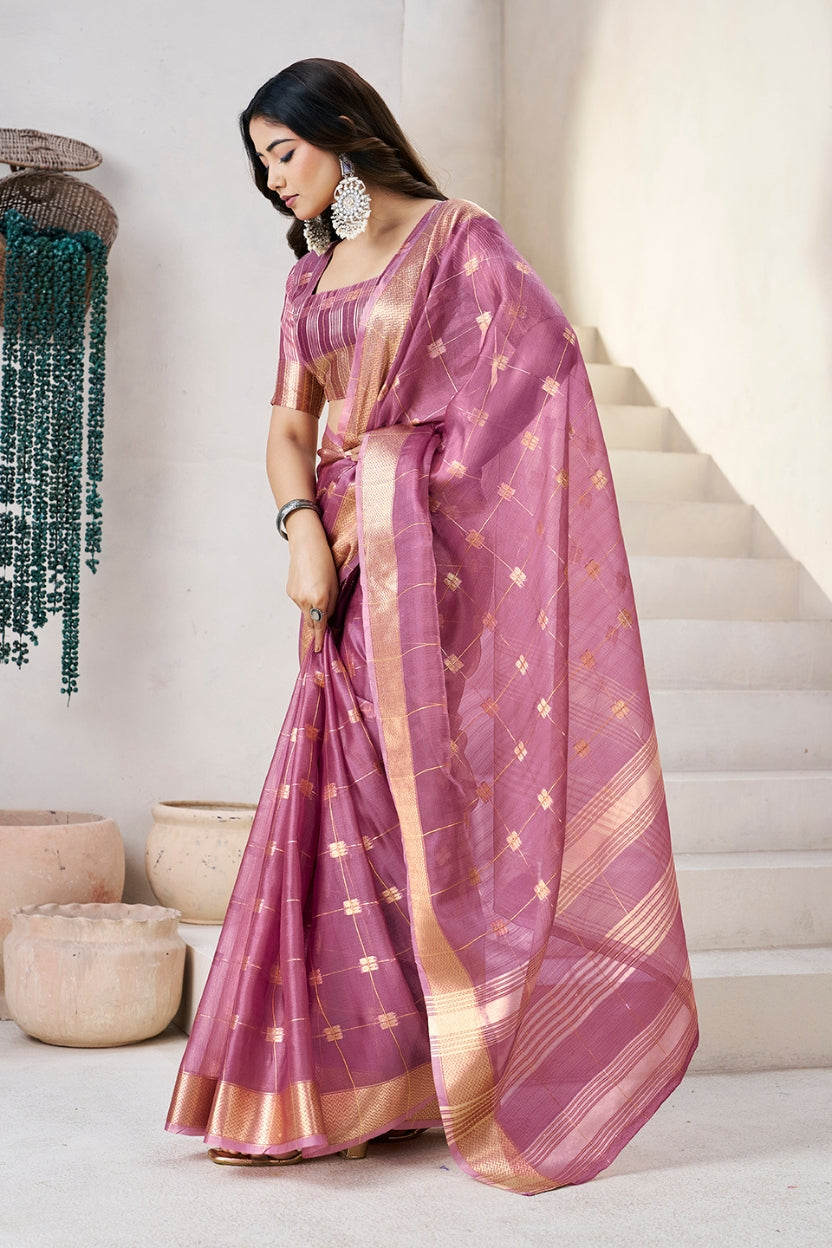 Wine Linen Cotton Zari Silk Weaving Saree