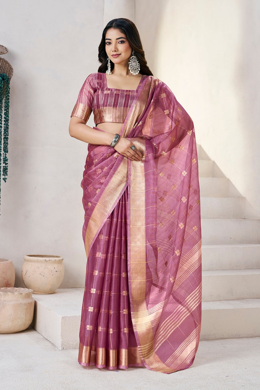 Wine Linen Cotton Zari Silk Weaving Saree